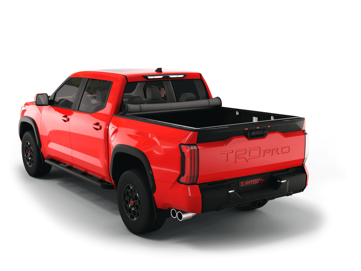 Red Toyota Tundra with Sawtooth Stretch expandable soft roll up tonneau cover with ladder and open tailgate